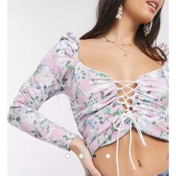 ASOS DESIGN Long Sleeve Crop Top‎ Lace Up Front in Pink Floral Print, Size 8 - Picture 6 of 11